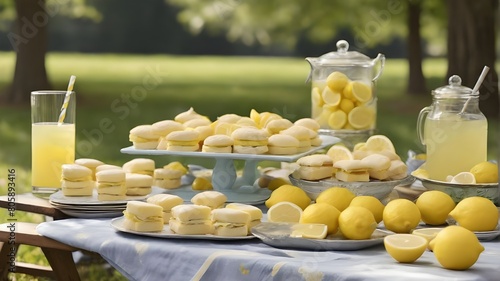 A lemon-themed picnic spread with lemon chicken sandwiches, lemon bars, and lemonade, enjoyed amidst a sunny outdoor setting. -