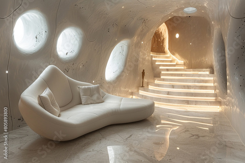 Enter a realm of sci-fi chic in a hall featuring a futuristic sofa chair and an architecturally innovative staircase, enhanced by augmented reality projections and minimalist decor. © MUHAMMAD