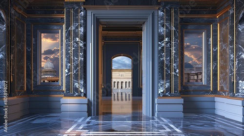 Sleek entrance with a door that shows a virtual tour of historical sites