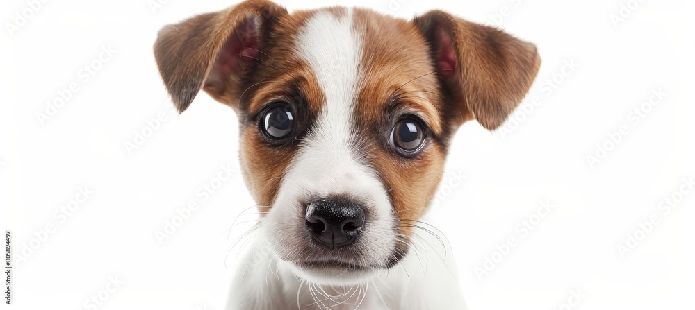 Adorable Jack Russell Terrier puppy dog with expressive eyes and brown and white fur, looking at the camera against a white background.