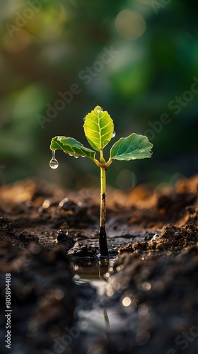 Sapling Sprouting from Barren Soil with Droplet Symbolizing Optimism and Renewal