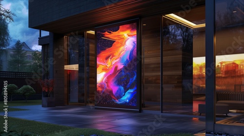 Sleek entrance with a door that can display interactive art for guests