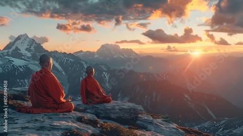 Tibetan Monks Meditating at Sunrise on a Himalayan Mountaintop Spiritual Practices and Enlightenment Concept with Copy Space