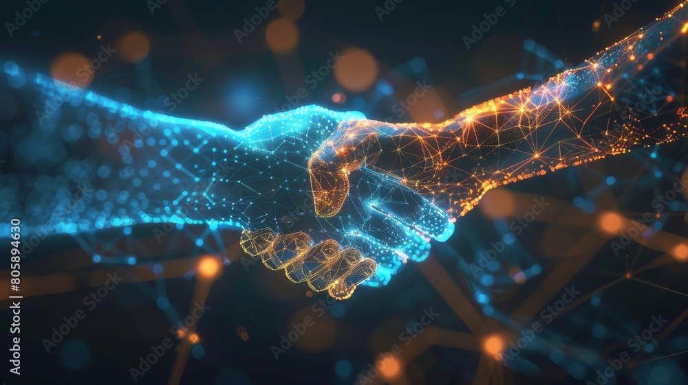 Two digital glowing hands, handshake. Technology, business, trust concept, blue and dark colors. Digital handshake. Two digital glowing hands, handshake. Technology, business, trust concept, blue and dark colors. Digital handshake.