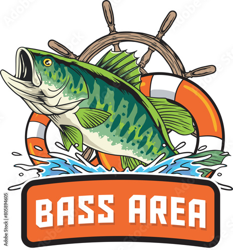 Vector Illustration of Bass Fish with Ship Steering and Water Splash with Vintage Illustration Available for Tshirt Design