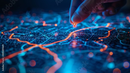 Establishing a location on the map and building a route, navigation. All this is done by artificial intelligence technology. Location on map, route concept, GPS point.