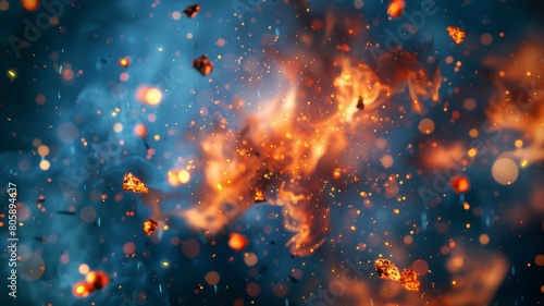 Abstract blue background with flying fire particles. Abstract image of flame and fire particles.