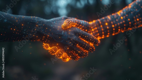 Two digital glowing hands, handshake. Technology, business, trust concept, blue and dark colors. Digital handshake.