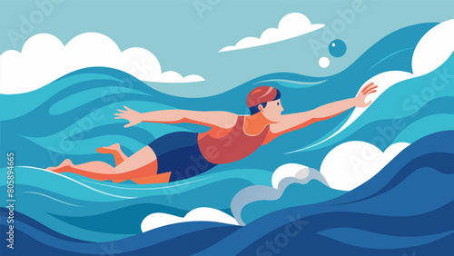 A tranquil swimmer floating blissfully in a turbulent ocean.. Vector illustration