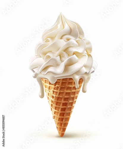 Vanilla Ice Cream Cone With White Icing on White Background