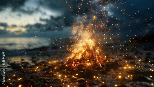 The fire burns brightly and sparkles on the beach. Sunset. Magic sky. Lonely fire.