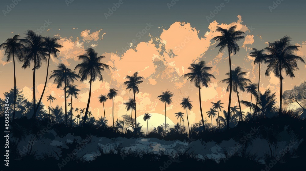 Illustration of palm trees, coconut trees. Color illustration. Palm Island. Vector graphics.