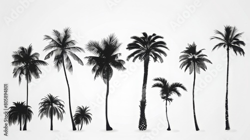 Vector image of silhouettes of palm trees  coconut trees. Black and white illustration.