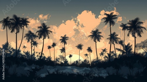 Illustration of palm trees  coconut trees. Color illustration. Palm Island. Vector graphics.