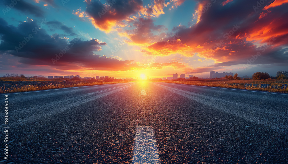 The perspective of the road against the background of sunset and the cityscape