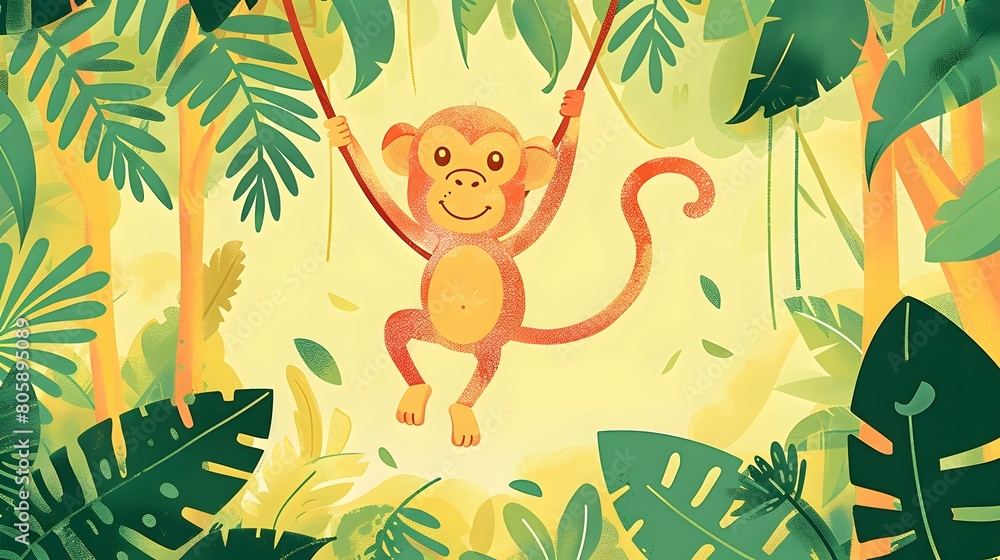 Monkey swinging joyfully among jungle leaves Monkey swinging joyfully among jungle leaves