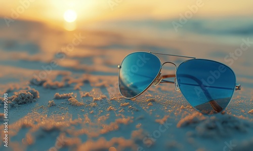 Wallpaper Mural sunglasses lying on the sand, with a beautiful view of the blue sea and the sky in the background. copy space for text. Beautiful sunny day. Vacation, Summer concept Torontodigital.ca