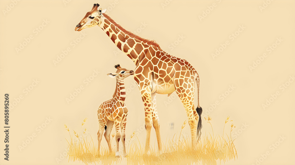 Obraz premium A giraffe mother and her baby standing side by side