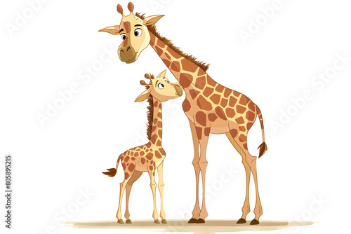  A giraffe mother and her baby standing side by side