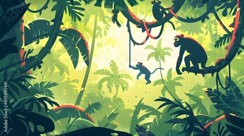 Monkeys frolic in a vibrant jungle playground