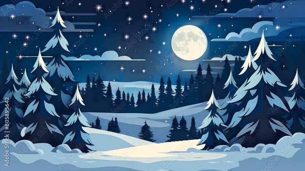 Naklejka premium Moonlit snowy forest under a starry night sky