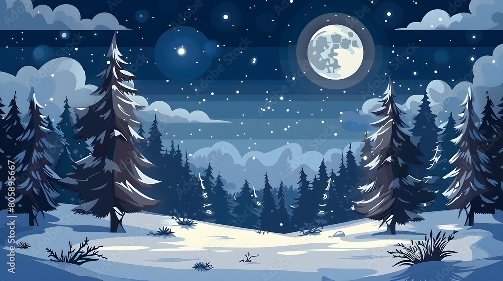 Naklejka premium Moonlit snowy forest under a starry sky