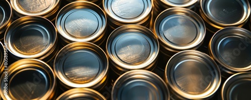 Highpolish tin cans arranged in a grid pattern  the metallic surfaces glinting under bright lighting