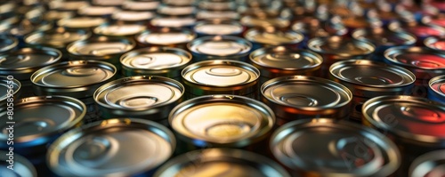 Highpolish tin cans arranged in a grid pattern, the metallic surfaces glinting under bright lighting photo