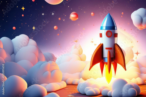 cartoon background Rocket in the sky 3d