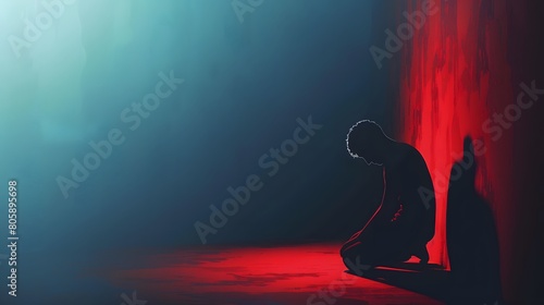 Background template with an icon of a weary silhouette man feeling afraid of the darkness. Concept of a man suffering from anxiety disorder. Trendy design photo
