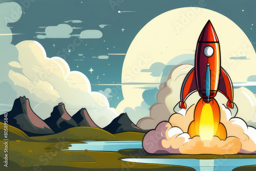 cartoon background Rocket in the sky 3d