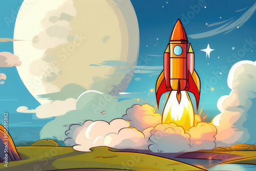 cartoon background Rocket in the sky 3d
