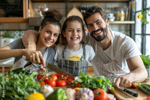Happy family preparing healthy food in kitchen together  Generative AI