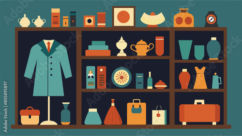 Rows of neatly displayed racks showcase a stunning curated vintage collection each piece telling a unique story from decades past.. Vector illustration