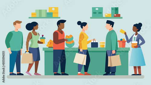 The steady flow of customers at the checkout counter carrying bags of affordable and unique market finds.. Vector illustration