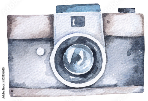 Vintage camera with watercolor.Black film camera.