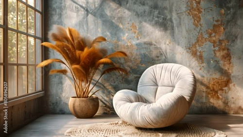Boho home interior design of modern living room, Grey snuggle chair against stucco wall. photo