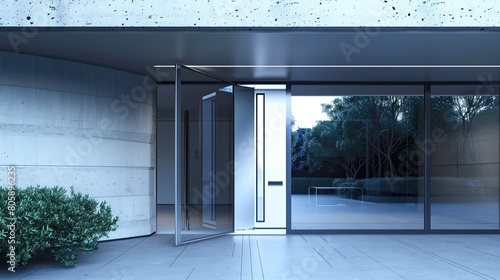 Sleek entrance with a frameless pivoting door and a hidden smart lock system photo