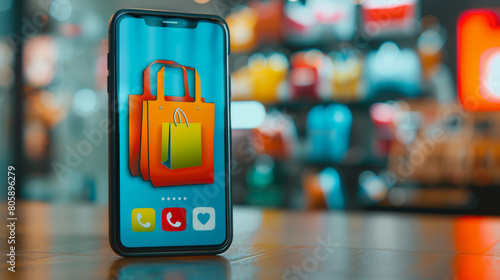 A mobile app icon with a shopping bag representing mobile shopping apps and on-the-go e-commerce with a smartphone screen displaying a shopping bag icon and offering convenient access to