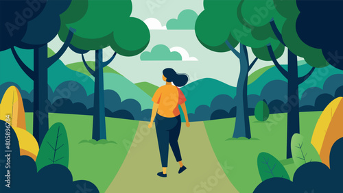 A person slowly walking along a lush treelined path taking deep breaths and feeling their body move with each step.. Vector illustration