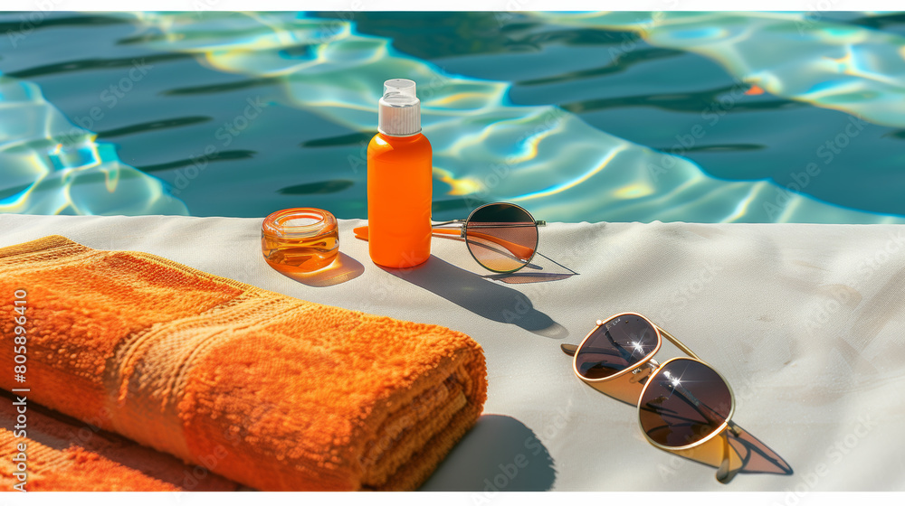 Poolside summer essentials: sunscreen, sunglasses, towel