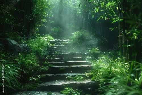 Enchanting Green Forest Path  Nature Scene with Dark Fantasy Atmosphere  Zen Bamboo Garden  and Magical Asian Landscape