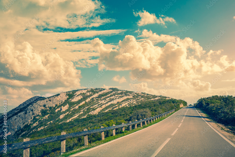 Driving a car on a mountain winding road in National park Picos de Europa. Spain, Europe