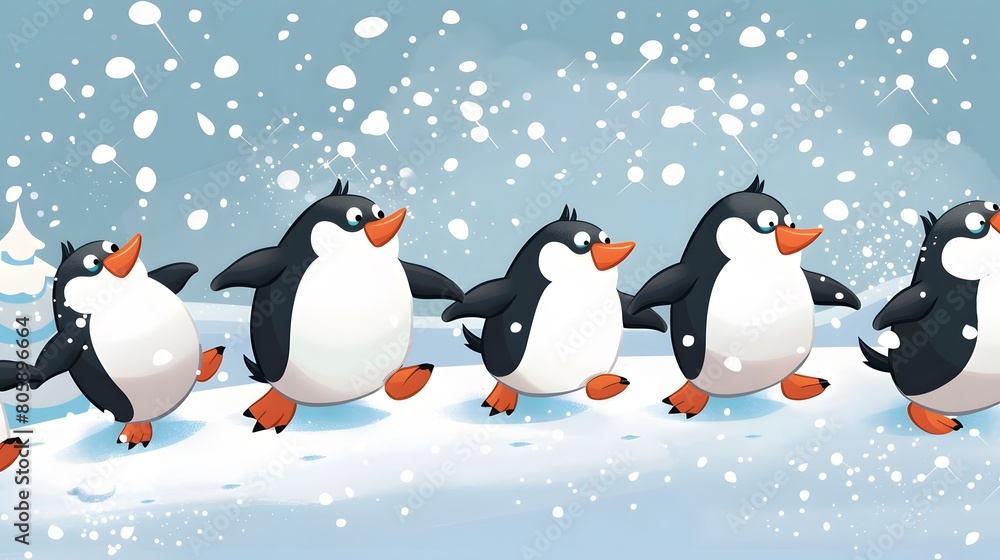 Penguins enjoying a playful snowball fight Penguins enjoying a playful snowball fight