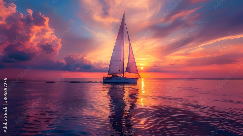 A luxury sailboat sailing on the sea at sunset, showcasing its elegance as it glides through calm waters. The boat is adorned with white sails that billow in the wind against a backdrop of vibrant sky