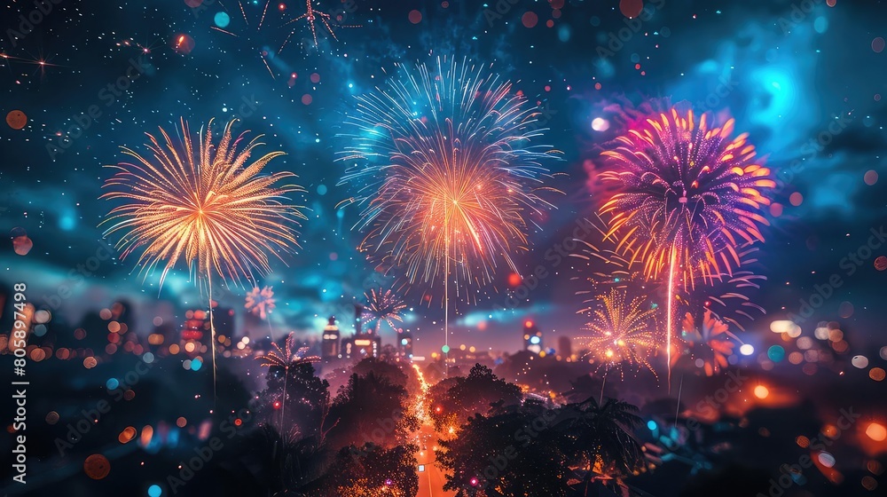 Obraz premium A beautiful night sky filled with colorful fireworks. The perfect way to celebrate any special occasion.