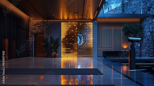 Sleek entrance with a kinetic art door and a smart security camera system