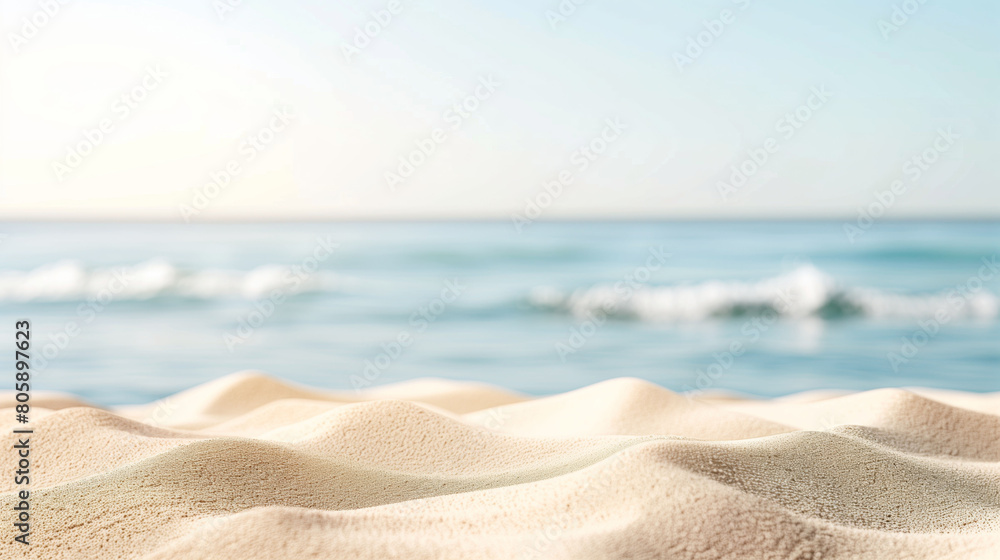 Panoramic view of a pristine white sand beach with blue sea, summer holiday. Waves gently lap the sandy shore.