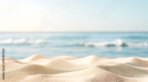 Panoramic view of a pristine white sand beach with blue sea, summer holiday. Waves gently lap the sandy shore.