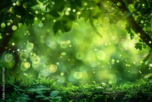 Lush green bokeh lights, offering a serene forest vibe, blending nature with softness